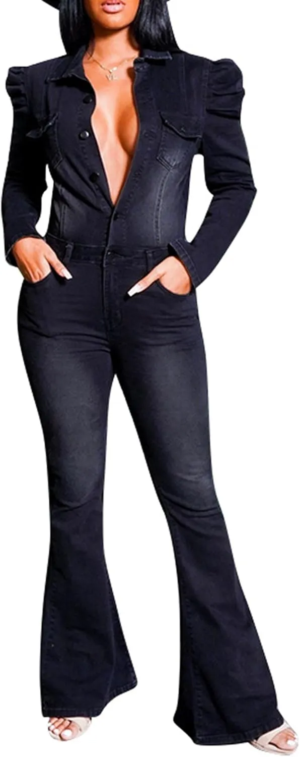 Sexyshine Women's Sexy Button Down Slim Fit Denim Long Jumpsuit Playsuit Lapel Full length Jeans Rompers Overalls