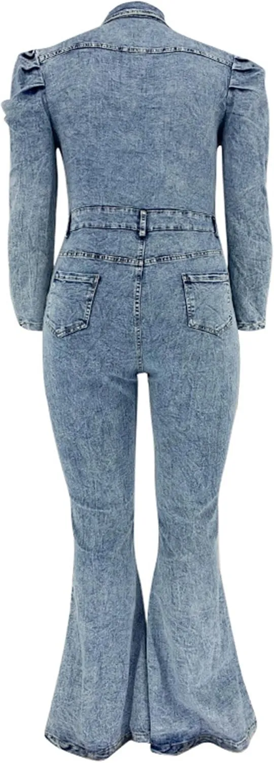 Sexyshine Women's Sexy Button Down Slim Fit Denim Long Jumpsuit Playsuit Lapel Full length Jeans Rompers Overalls