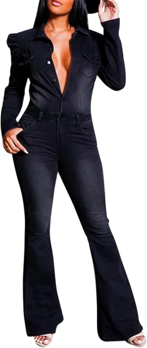 Sexyshine Women's Sexy Button Down Slim Fit Denim Long Jumpsuit Playsuit Lapel Full length Jeans Rompers Overalls