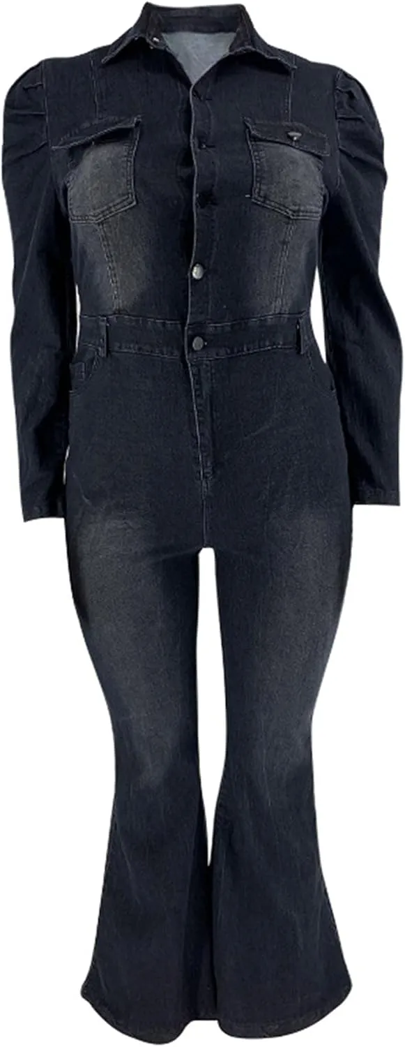 Sexyshine Women's Sexy Button Down Slim Fit Denim Long Jumpsuit Playsuit Lapel Full length Jeans Rompers Overalls