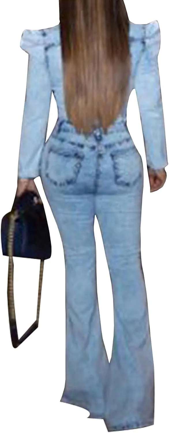 Sexyshine Women's Sexy Button Down Slim Fit Denim Long Jumpsuit Playsuit Lapel Full length Jeans Rompers Overalls