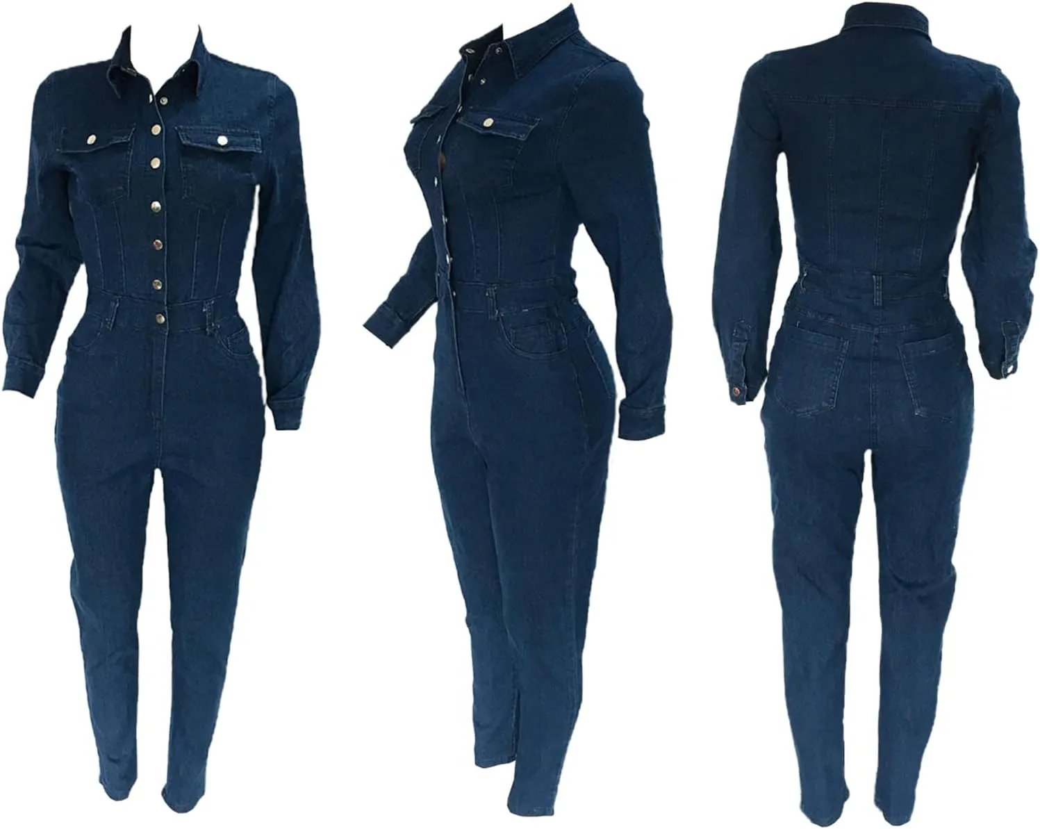 Sexyshine Women's Sexy Button Down Slim Fit Denim Long Jumpsuit Playsuit Lapel Full length Jeans Rompers Overalls