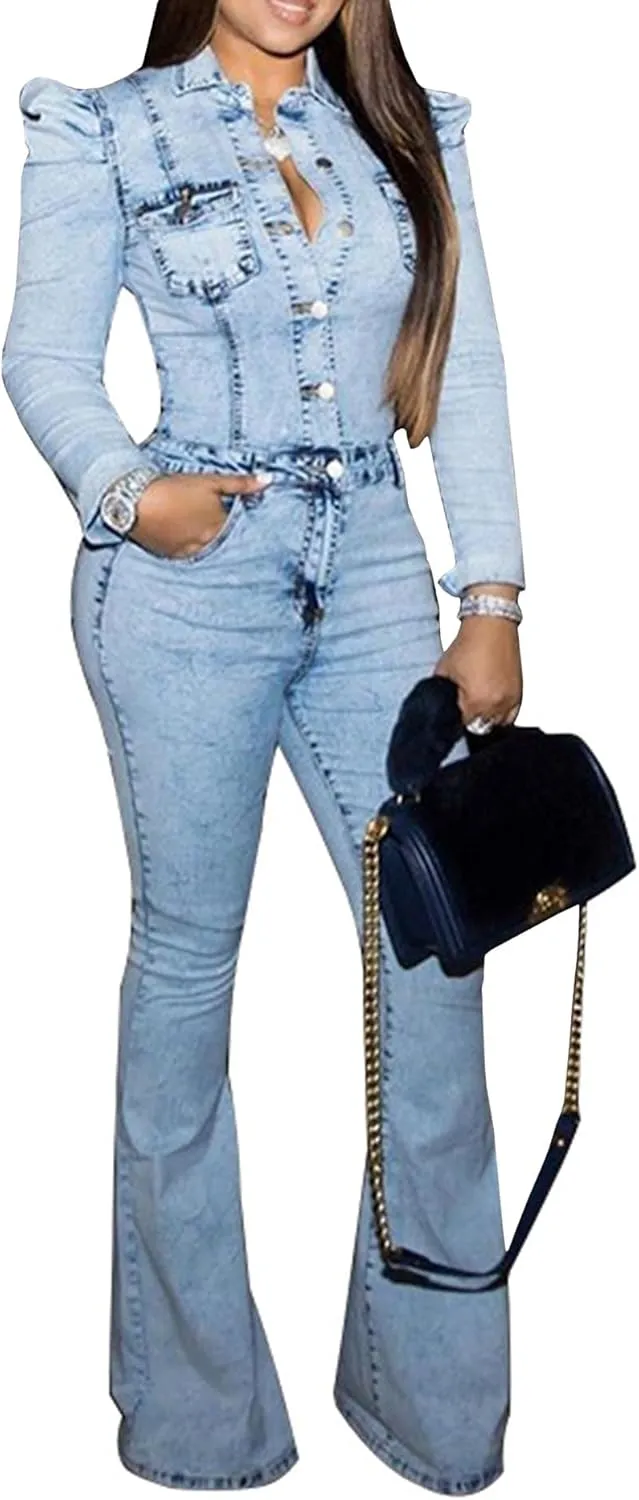 Sexyshine Women's Sexy Button Down Slim Fit Denim Long Jumpsuit Playsuit Lapel Full length Jeans Rompers Overalls