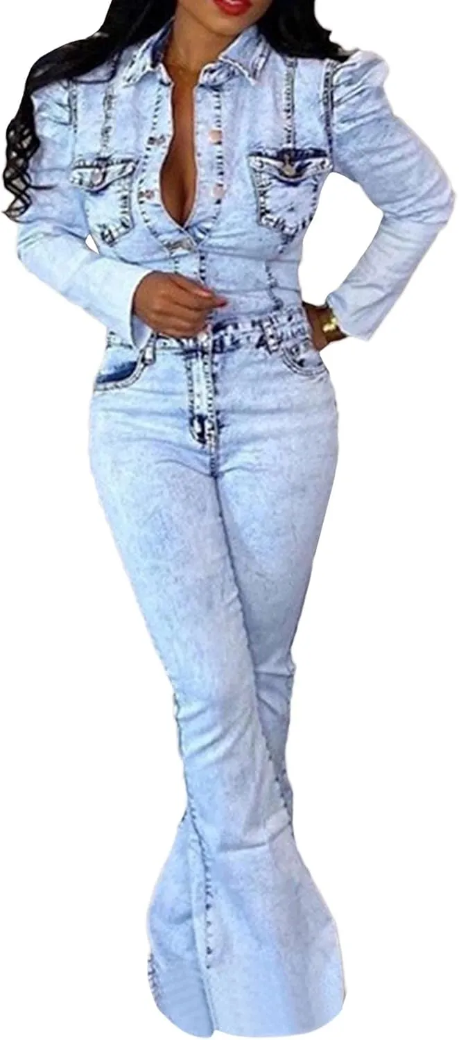 Sexyshine Women's Sexy Button Down Slim Fit Denim Long Jumpsuit Playsuit Lapel Full length Jeans Rompers Overalls