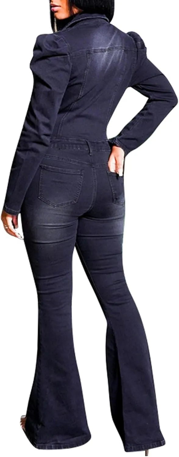 Sexyshine Women's Sexy Button Down Slim Fit Denim Long Jumpsuit Playsuit Lapel Full length Jeans Rompers Overalls