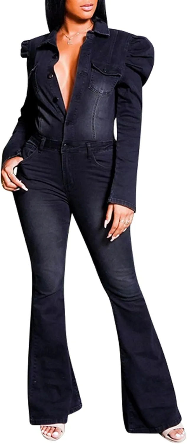 Sexyshine Women's Sexy Button Down Slim Fit Denim Long Jumpsuit Playsuit Lapel Full length Jeans Rompers Overalls