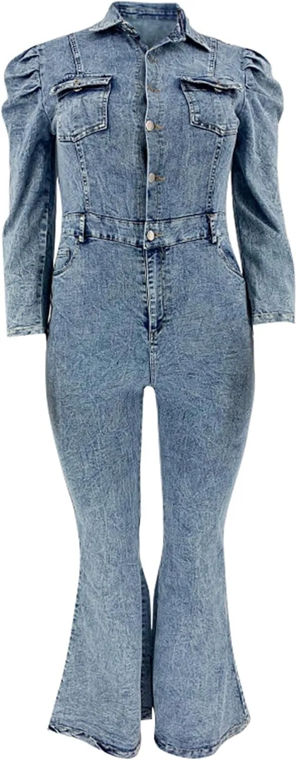 Sexyshine Women's Sexy Button Down Slim Fit Denim Long Jumpsuit Playsuit Lapel Full length Jeans Rompers Overalls