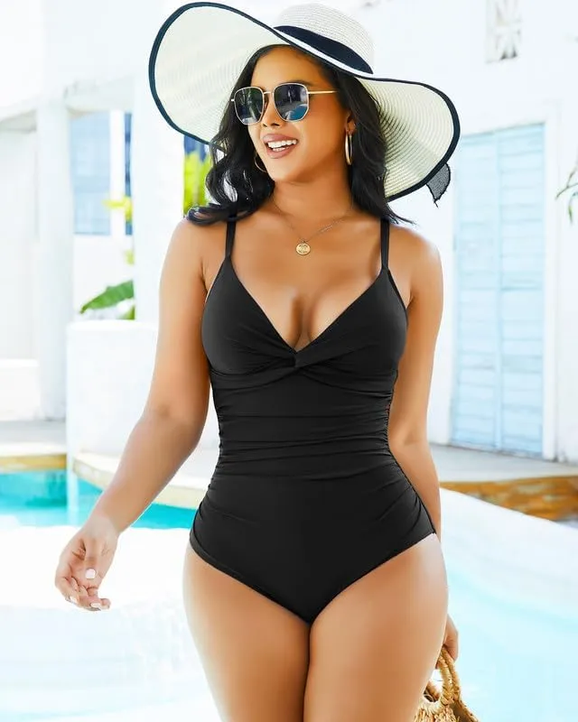 SHAPERIN Women One Piece Swimsuits Tummy Control V Neck Bathing Suits Ruched Push Up Padded Swimwear