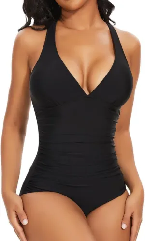 SHAPERIN Women One Piece Swimsuits Tummy Control V Neck Bathing Suits Ruched Push Up Padded Swimwear