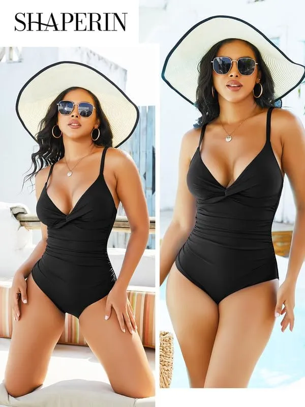 SHAPERIN Women One Piece Swimsuits Tummy Control V Neck Bathing Suits Ruched Push Up Padded Swimwear