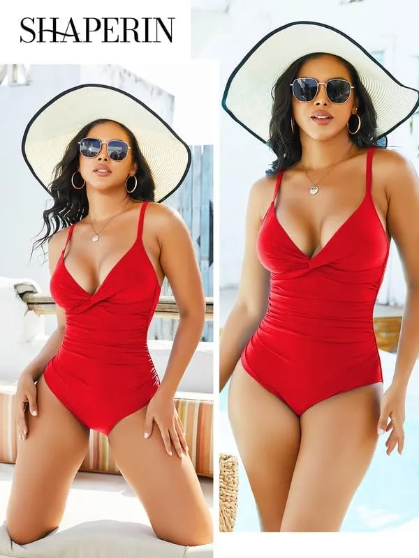 SHAPERIN Women One Piece Swimsuits Tummy Control V Neck Bathing Suits Ruched Push Up Padded Swimwear