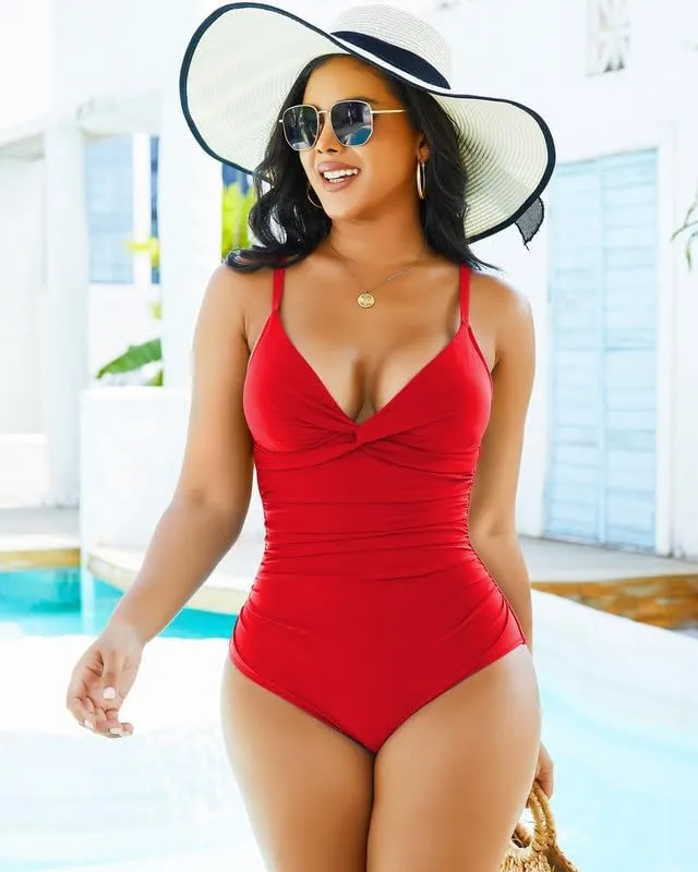 SHAPERIN Women One Piece Swimsuits Tummy Control V Neck Bathing Suits Ruched Push Up Padded Swimwear