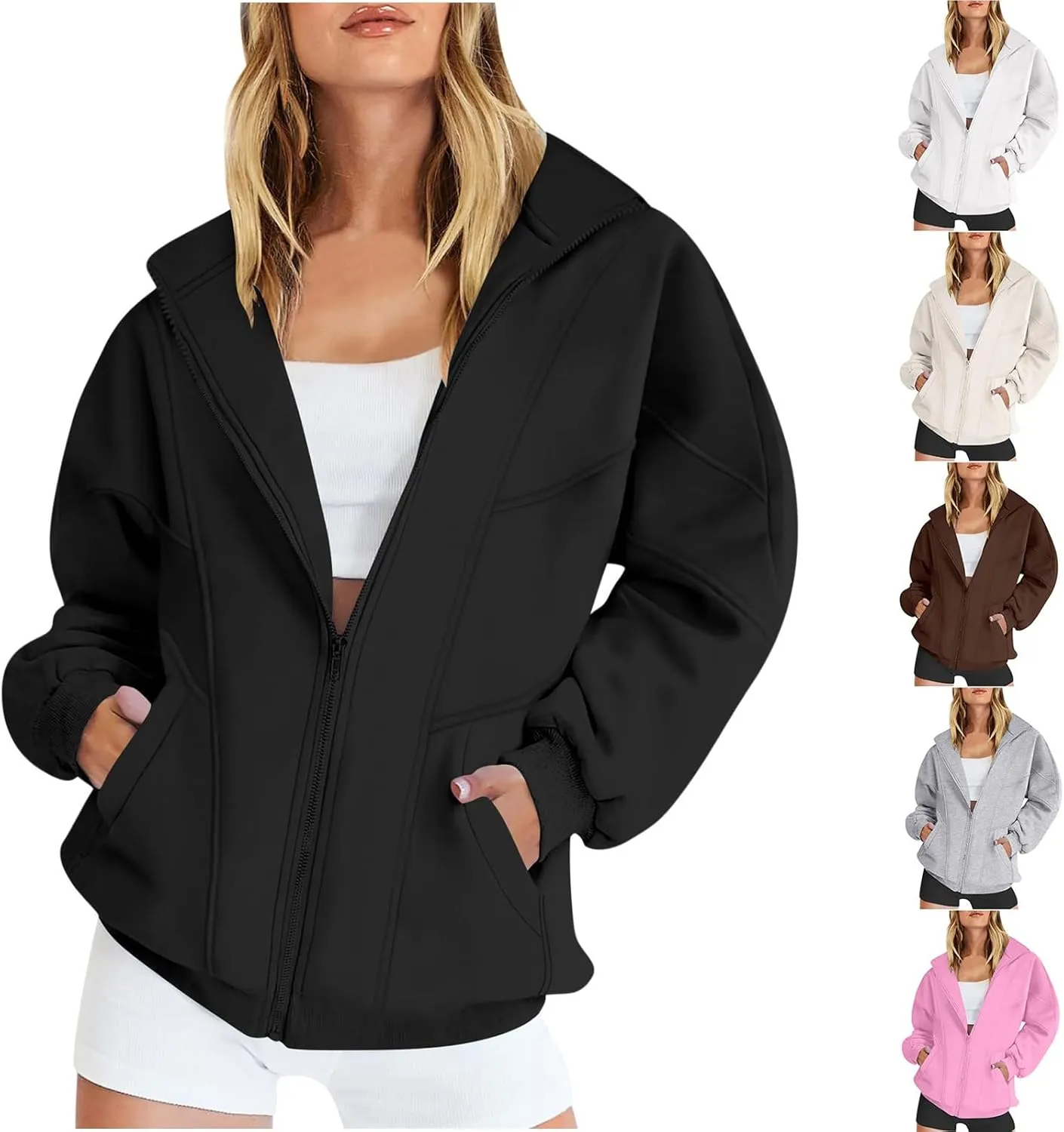 SMIDOW Full Zip Up Sweatshirts For Women Trendy 2024 Oversized Fleece Lightweight Hoodie Jacket Fall Preppy Teen Girls Outfit
