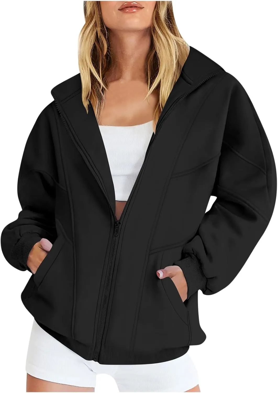 SMIDOW Full Zip Up Sweatshirts For Women Trendy 2024 Oversized Fleece Lightweight Hoodie Jacket Fall Preppy Teen Girls Outfit