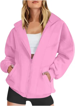 SMIDOW Full Zip Up Sweatshirts For Women Trendy 2024 Oversized Fleece Lightweight Hoodie Jacket Fall Preppy Teen Girls Outfit