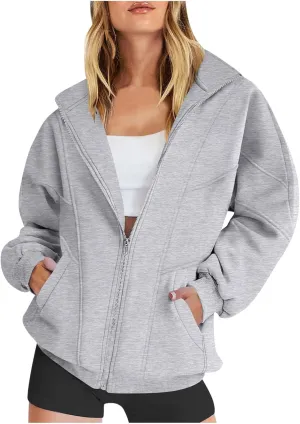 SMIDOW Full Zip Up Sweatshirts For Women Trendy 2024 Oversized Fleece Lightweight Hoodie Jacket Fall Preppy Teen Girls Outfit