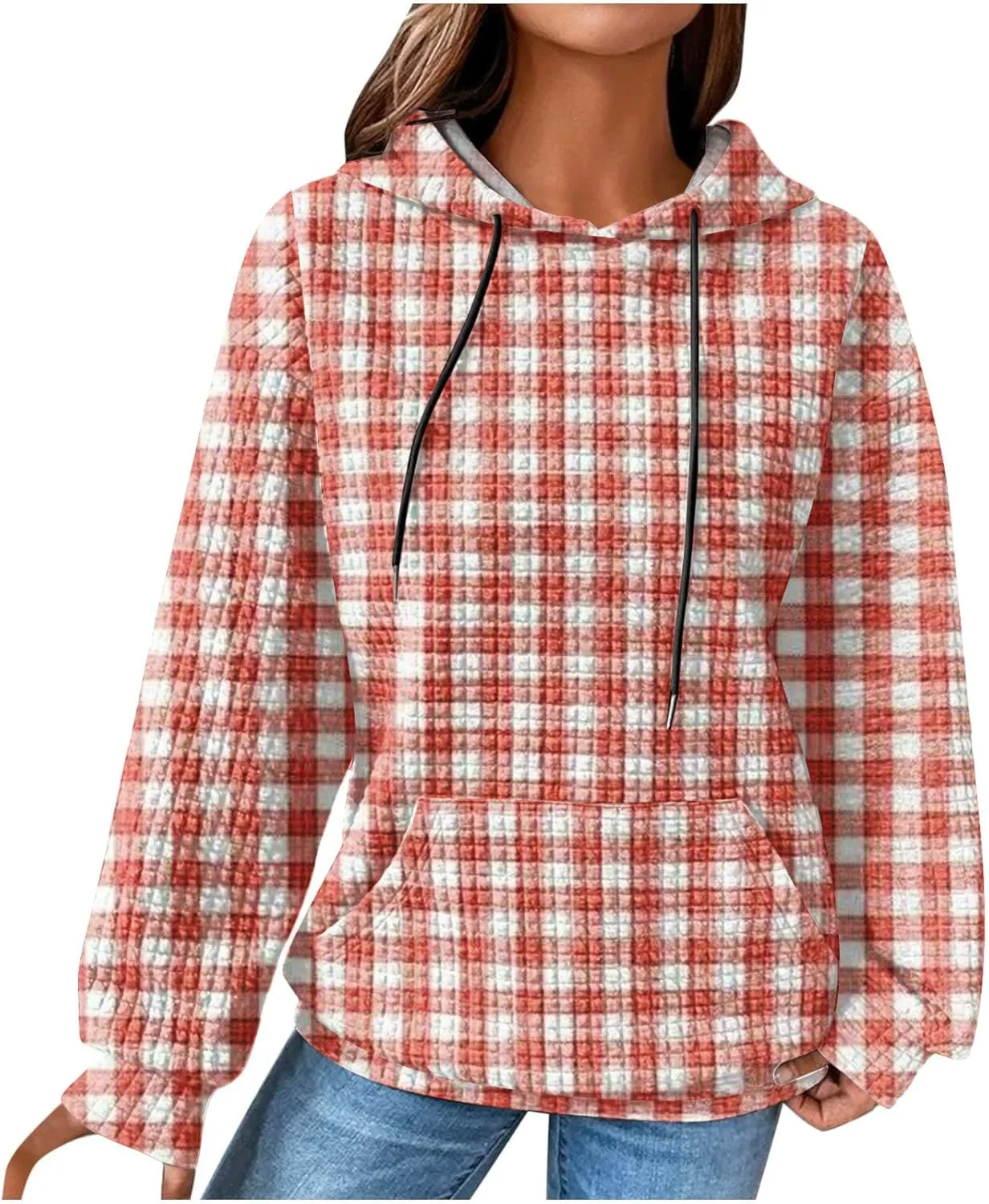 SMIDOW Pliad Waffle Knit Hoodies For Women Fall Fashion 2023 Oversized Drawstring Pullovers Casual Gingham Hooded Sweatshirts