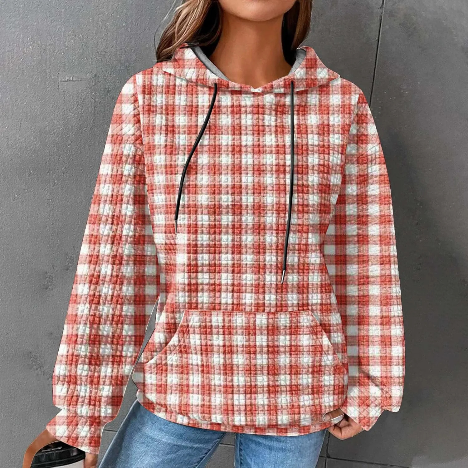 SMIDOW Pliad Waffle Knit Hoodies For Women Fall Fashion 2023 Oversized Drawstring Pullovers Casual Gingham Hooded Sweatshirts