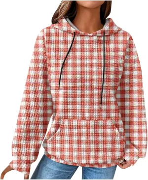 SMIDOW Pliad Waffle Knit Hoodies For Women Fall Fashion 2023 Oversized Drawstring Pullovers Casual Gingham Hooded Sweatshirts