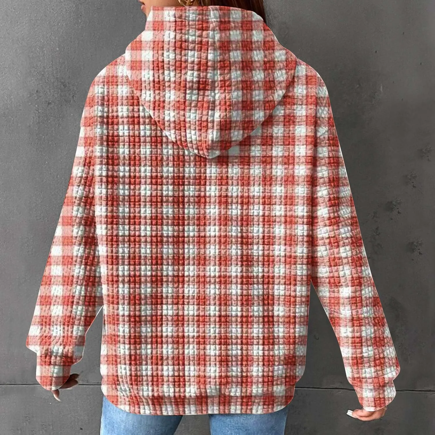 SMIDOW Pliad Waffle Knit Hoodies For Women Fall Fashion 2023 Oversized Drawstring Pullovers Casual Gingham Hooded Sweatshirts