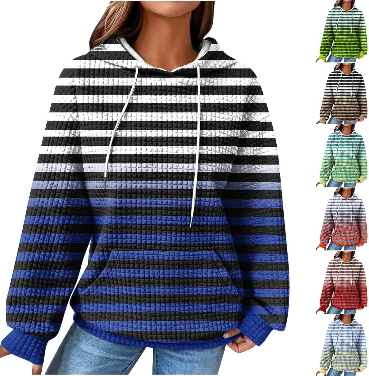 SMIDOW Womens Oversized Hoodies Gradient Color Striped Fall Fashion Pullover Tops Casual Drawstring Hooded Sweatshirts