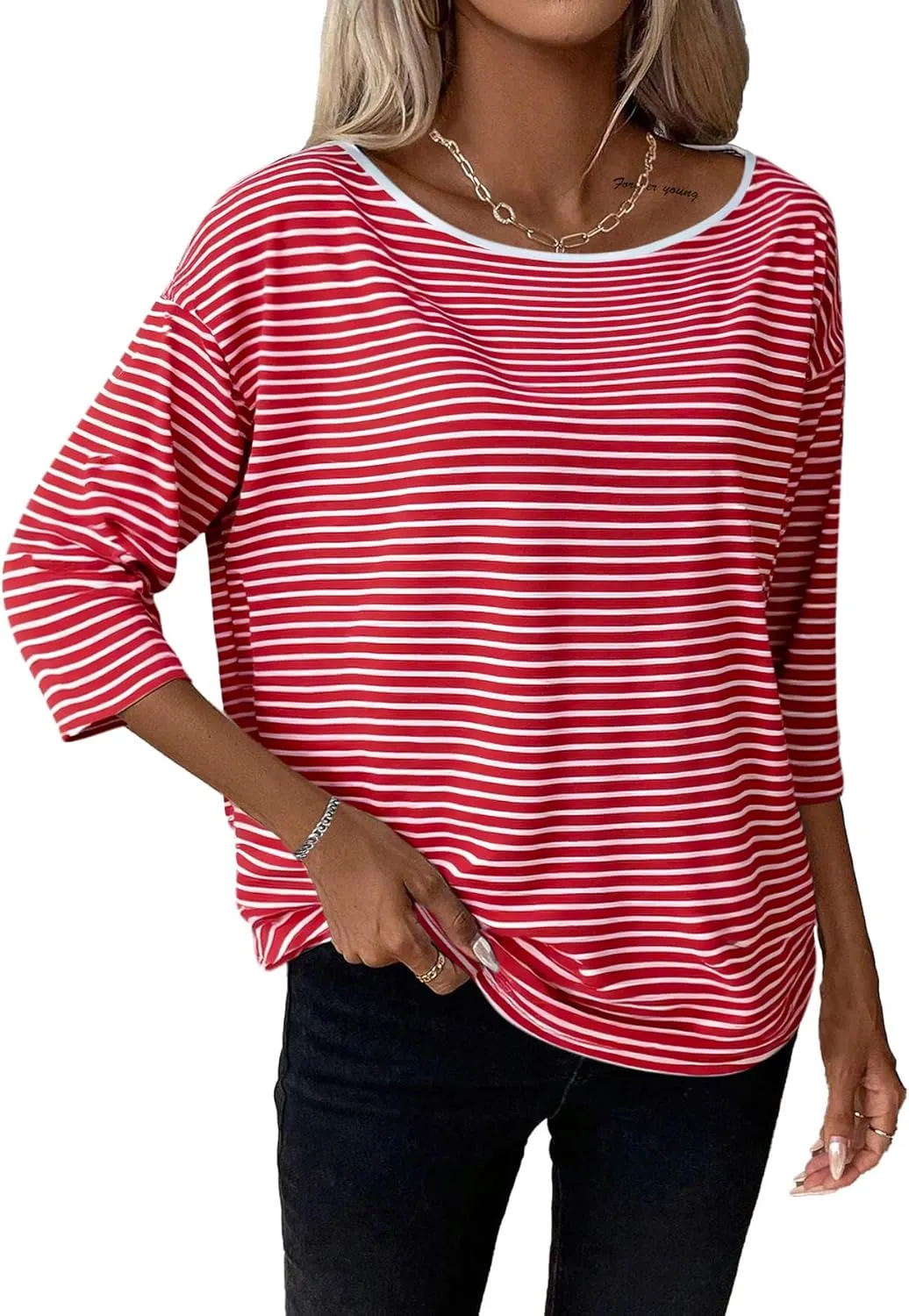 SOFIA'S CHOICE Women's Striped Shirt Loose Fit 3/4 Sleeve T Shirts Summer Casual Tee Top