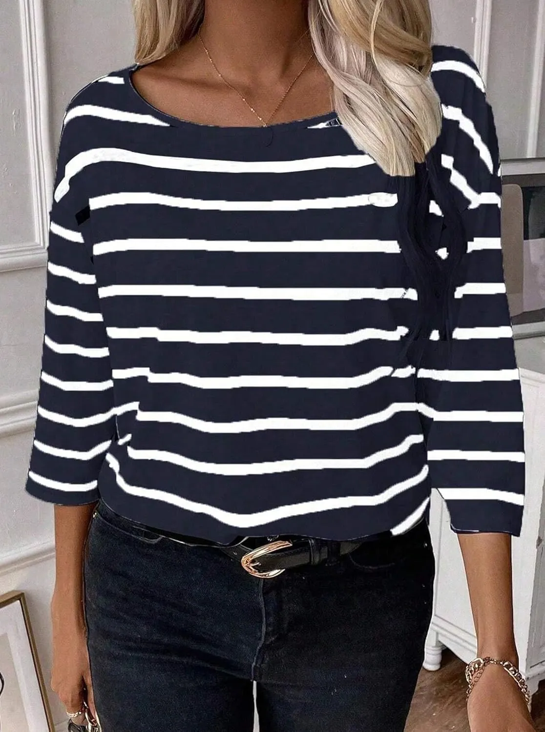 SOFIA'S CHOICE Women's Striped Shirt Loose Fit 3/4 Sleeve T Shirts Summer Casual Tee Top