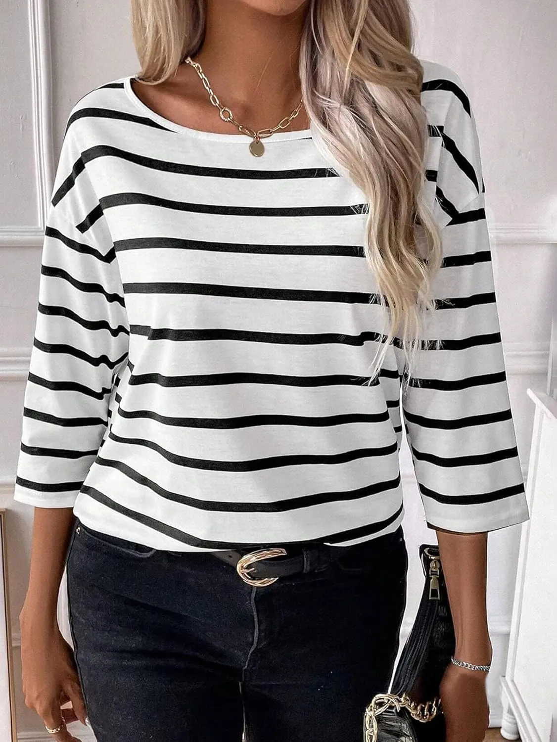SOFIA'S CHOICE Women's Striped Shirt Loose Fit 3/4 Sleeve T Shirts Summer Casual Tee Top