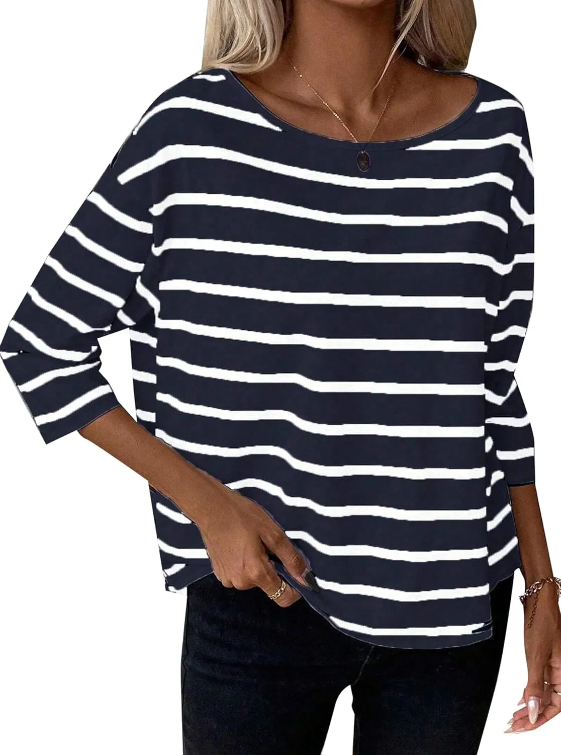 SOFIA'S CHOICE Women's Striped Shirt Loose Fit 3/4 Sleeve T Shirts Summer Casual Tee Top