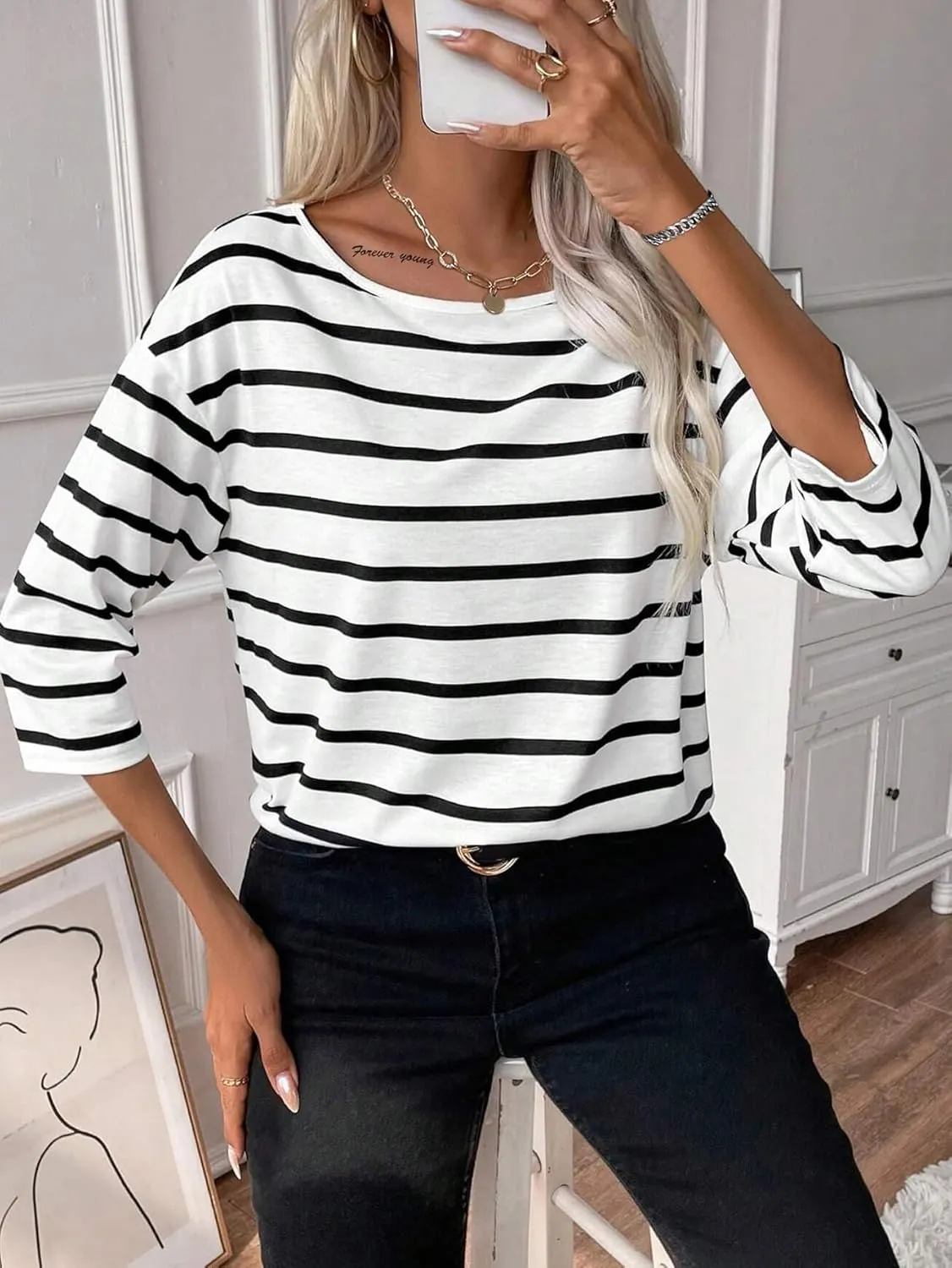 SOFIA'S CHOICE Women's Striped Shirt Loose Fit 3/4 Sleeve T Shirts Summer Casual Tee Top