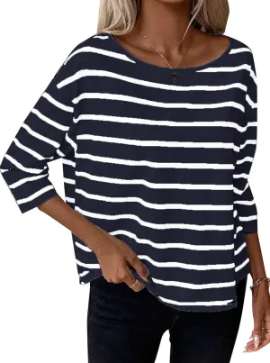 SOFIA'S CHOICE Women's Striped Shirt Loose Fit 3/4 Sleeve T Shirts Summer Casual Tee Top