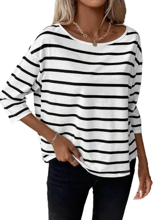 SOFIA'S CHOICE Women's Striped Shirt Loose Fit 3/4 Sleeve T Shirts Summer Casual Tee Top