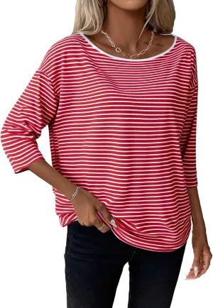 SOFIA'S CHOICE Women's Striped Shirt Loose Fit 3/4 Sleeve T Shirts Summer Casual Tee Top