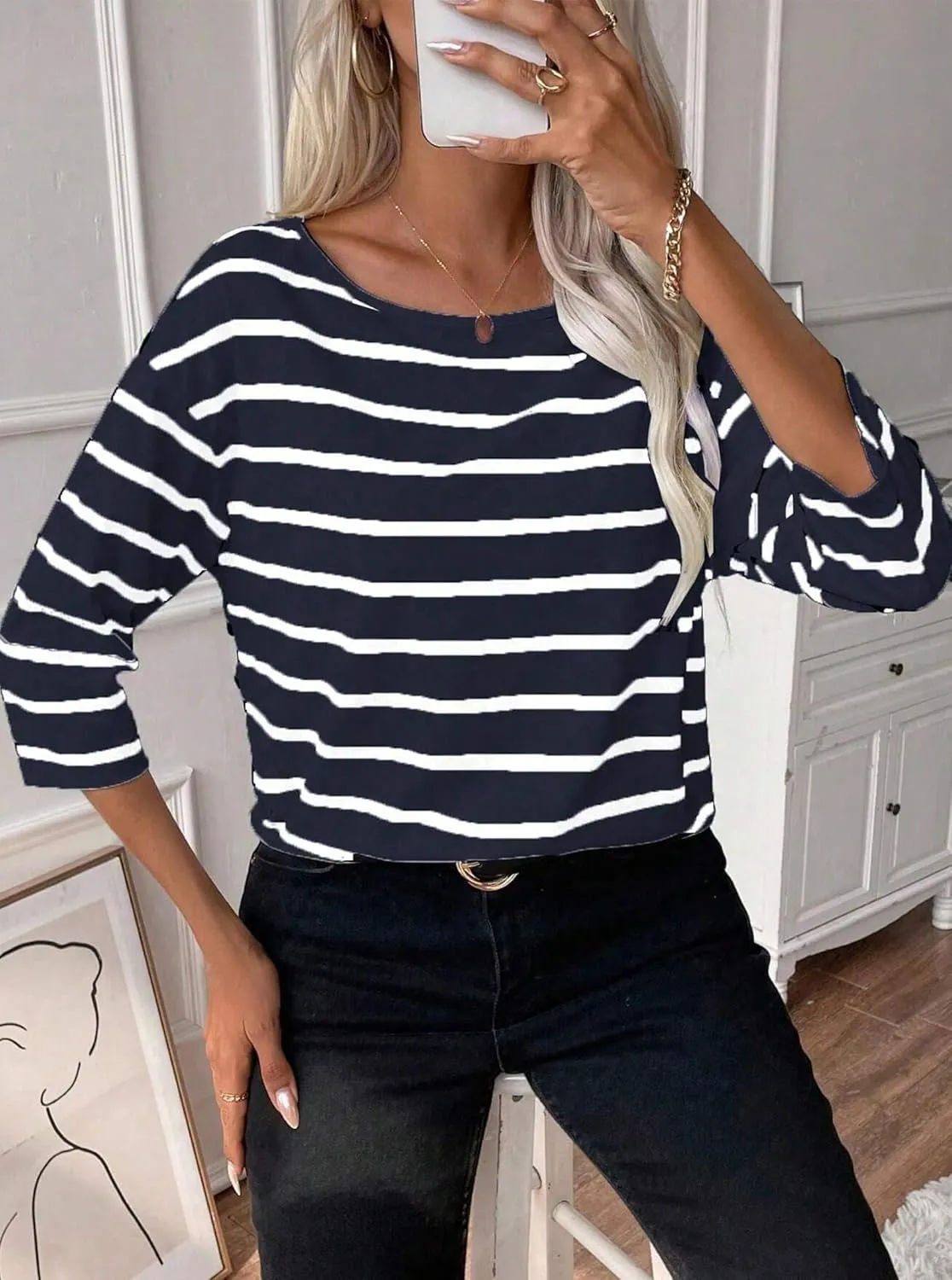SOFIA'S CHOICE Women's Striped Shirt Loose Fit 3/4 Sleeve T Shirts Summer Casual Tee Top