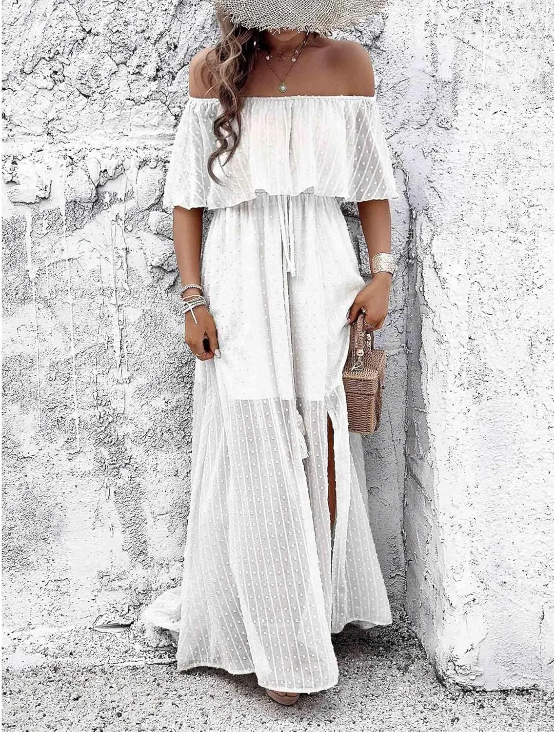 SOMTHRON Women's Boho Off Shoulder Maxi Dress Swiss Dot Ruffle Side Slit A Line Flowy Beach Vacation Long Sundress