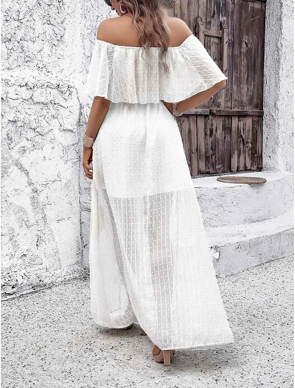 SOMTHRON Women's Boho Off Shoulder Maxi Dress Swiss Dot Ruffle Side Slit A Line Flowy Beach Vacation Long Sundress