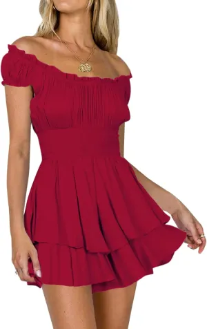 SPRIME Women's Off Shoulder Summer Romper Casual U Neck Short Puff Sleeve Rompers Smocked Waist Layered Ruffle Hem Jumpsuits