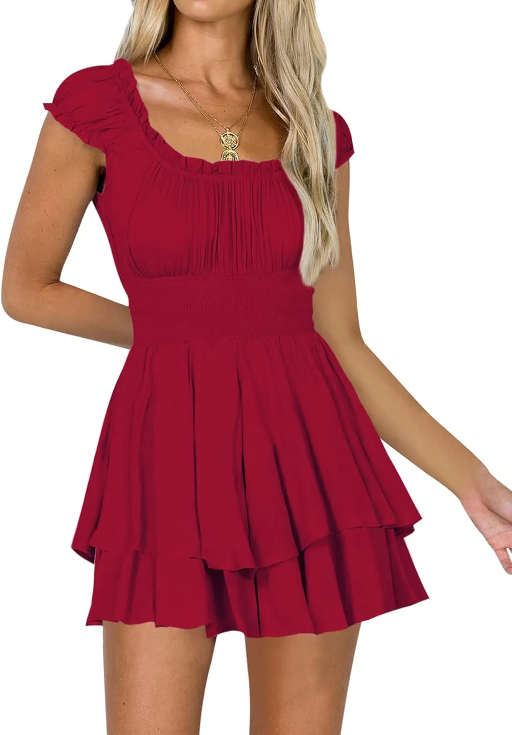 SPRIME Women's Off Shoulder Summer Romper Casual U Neck Short Puff Sleeve Rompers Smocked Waist Layered Ruffle Hem Jumpsuits