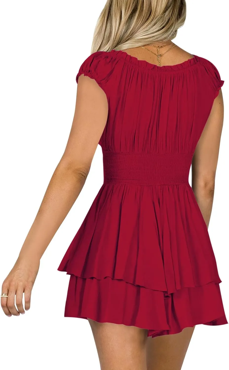 SPRIME Women's Off Shoulder Summer Romper Casual U Neck Short Puff Sleeve Rompers Smocked Waist Layered Ruffle Hem Jumpsuits