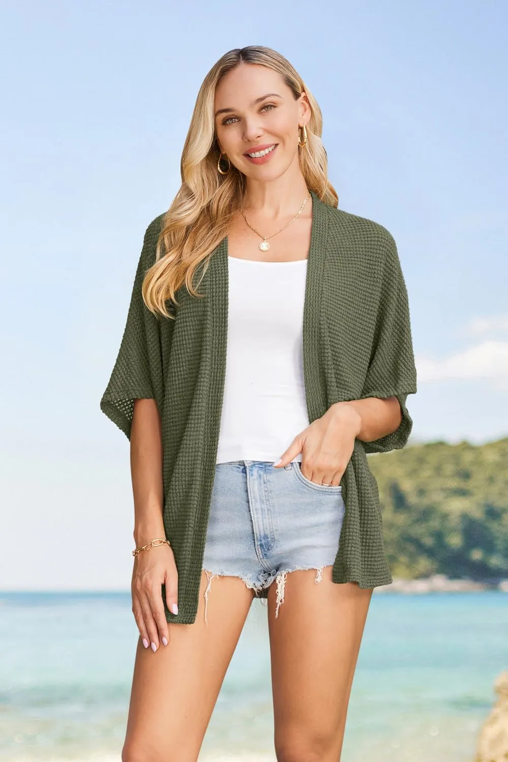 STYLEWORD Women's Summer Fashion Cardigan Lightweight Short Sleeve Beach Cover Up Kimonos