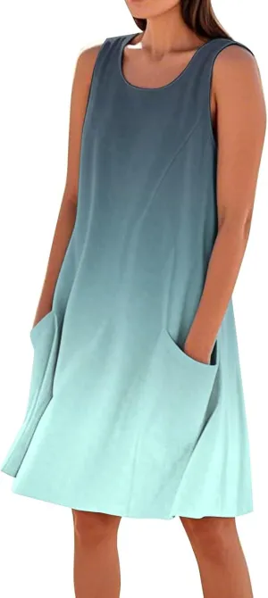 Summer Beach Dresses for Women 2025 Vacation Casual Sleeveless Floral/Solid Color/Gradient Print Sundress with Pockets