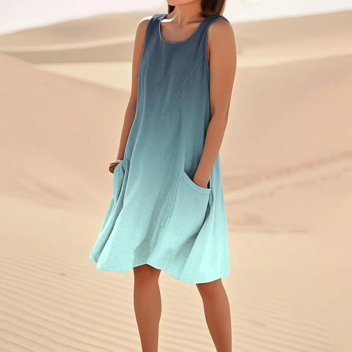 Summer Beach Dresses for Women 2025 Vacation Casual Sleeveless Floral/Solid Color/Gradient Print Sundress with Pockets