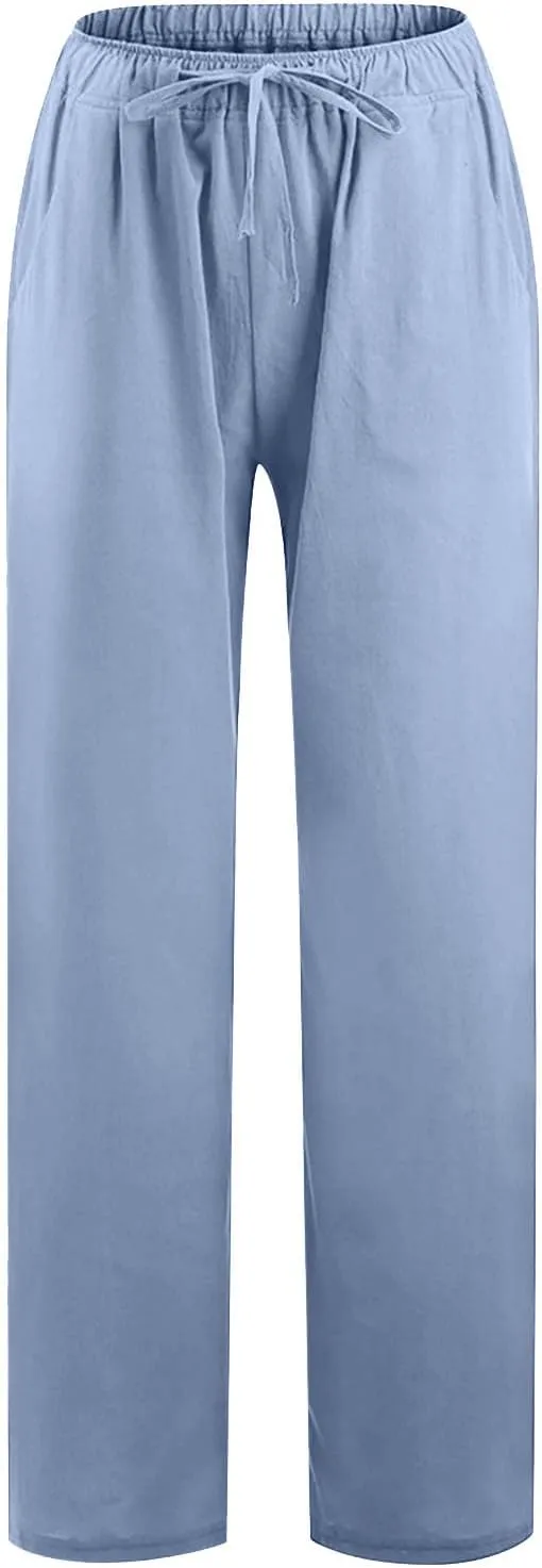 Summer Pants for Women Solid Color Casual Cotton Linen Pants 2025 Vacation Outfits Baggy Drawstring Trousers
