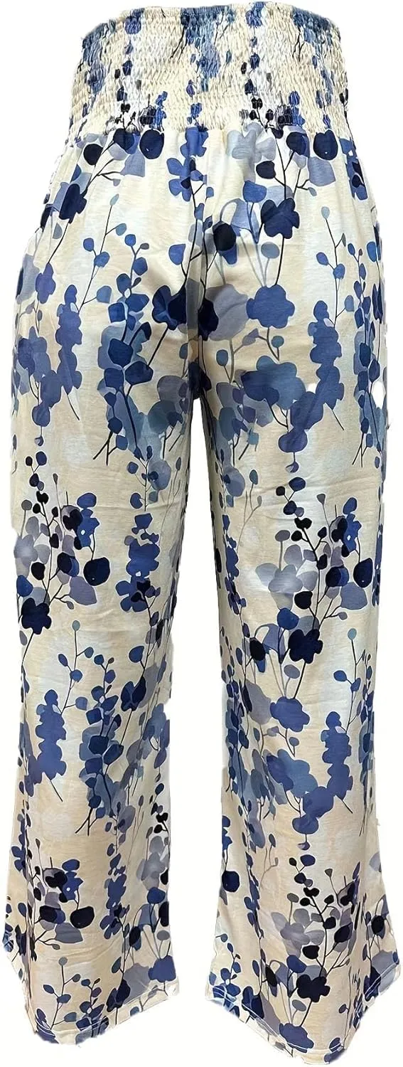 TIAFORD Wide Leg Palazzo Pants for Women Floral Printed Elastic High Waist Linen Pants Flowy Beach Trousers with Pocket