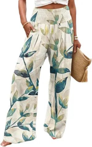 TIAFORD Wide Leg Palazzo Pants for Women Floral Printed Elastic High Waist Linen Pants Flowy Beach Trousers with Pocket
