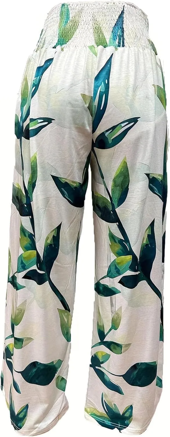 TIAFORD Wide Leg Palazzo Pants for Women Floral Printed Elastic High Waist Linen Pants Flowy Beach Trousers with Pocket