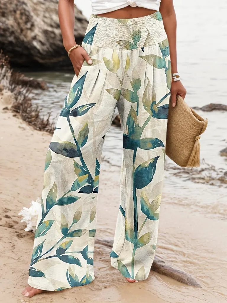 TIAFORD Wide Leg Palazzo Pants for Women Floral Printed Elastic High Waist Linen Pants Flowy Beach Trousers with Pocket