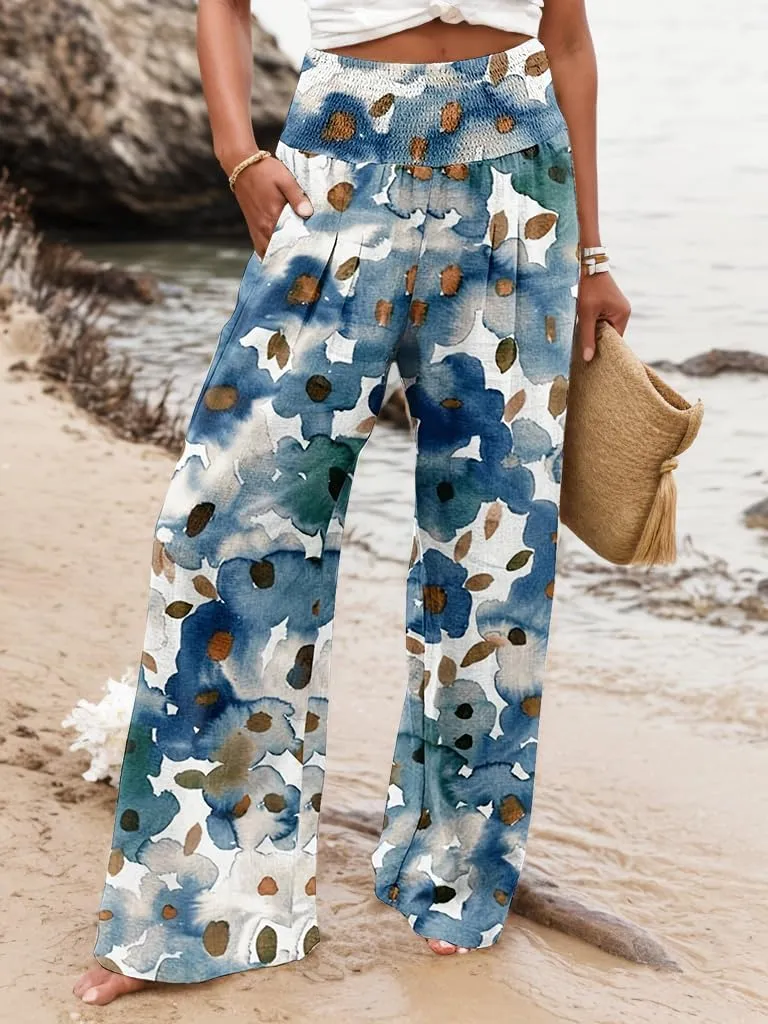 TIAFORD Wide Leg Palazzo Pants for Women Floral Printed Elastic High Waist Linen Pants Flowy Beach Trousers with Pocket