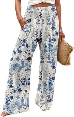 TIAFORD Wide Leg Palazzo Pants for Women Floral Printed Elastic High Waist Linen Pants Flowy Beach Trousers with Pocket