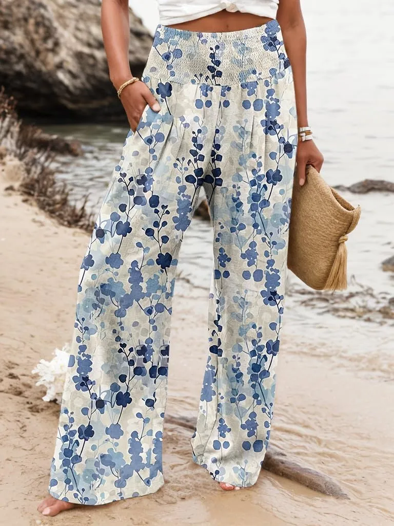 TIAFORD Wide Leg Palazzo Pants for Women Floral Printed Elastic High Waist Linen Pants Flowy Beach Trousers with Pocket